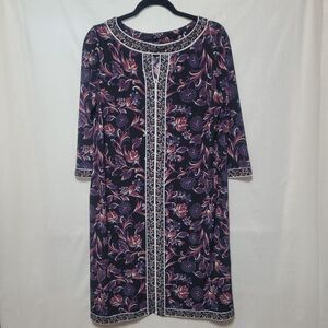 Maggy London Sheath Dress Womens 14 Floral Print Round Neck Long Sleeve Stretch